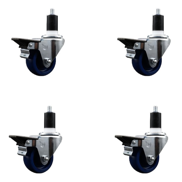 3'' Solid Poly Swivel 1-1/2'' Expanding Stem Caster Set with Brake, 4PK